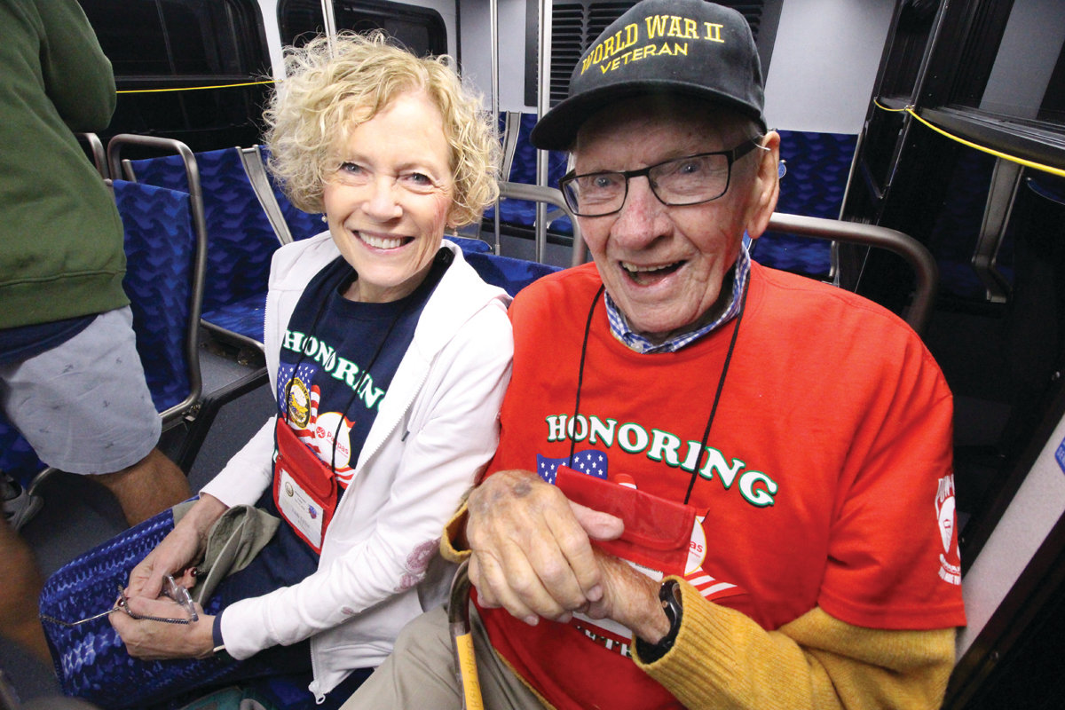 HONORED TO BE HONORED: WWII veteran John Fish and his daughter Linda Taillon, who served as his guardian, were delighted to be on Saturday’s Honor Flight.